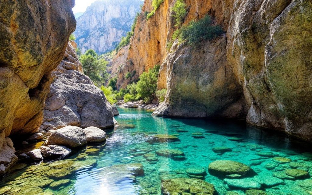 une-piscine-turquoise-nichee-dans-un-canyon-de-granite-entouree-dun-maquis-de-pins-et-de-falaises-rocheuses-leau-claire-reflete-des-rochers-et-des-arbustes-eclairage-doux-en-fin-dapres-midi-c