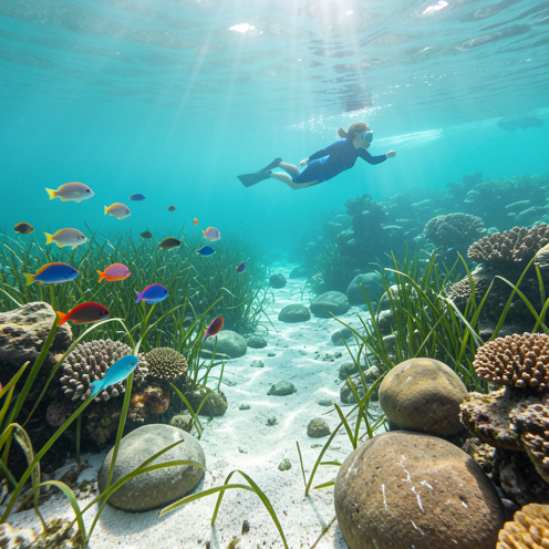 Une femme explore calmement un sentier sous-marin entouré de poissons colorés, d’herbiers marins et de formations coralliennes dans une eau turquoise.