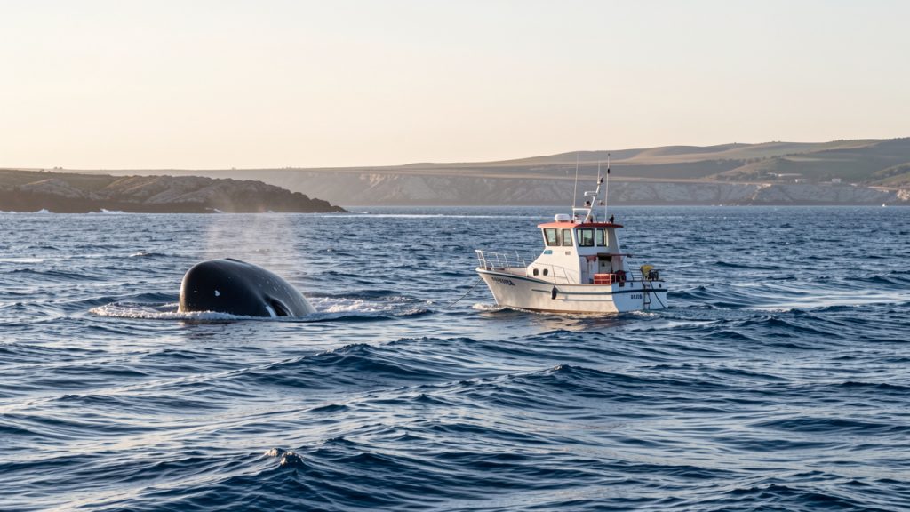 Un cachalot fait doucement surface près d’un petit bateau d’observation écologique au large du littoral français.