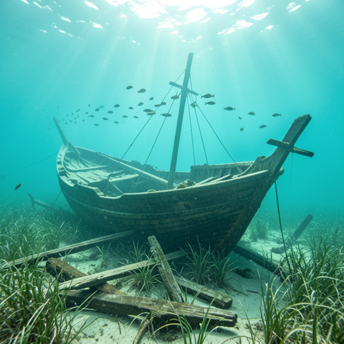 Épave ancienne d’une tartane reposant sur le fond marin du parcours sous-marin d’Olbia, entourée d’herbiers et de petits poissons dans une eau turquoise.