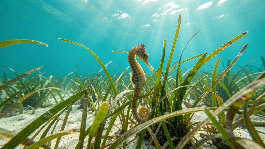 Un hippocampe camouflé accroché à des herbes marines dans une eau claire du littoral méditerranéen.