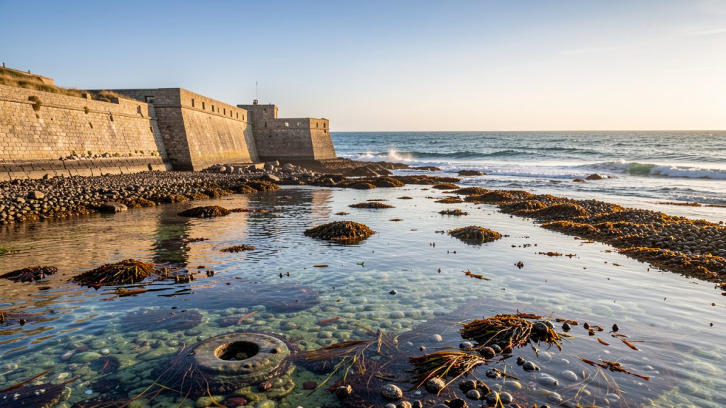Paysage côtier de l’île d’Aix avec des fortifications en pierre, une plage battue par le vent et une eau claire abritant une vie marine variée.