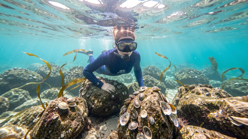 Une femme équipée d’une combinaison, d’un masque et d’un tuba observe un récif naturel d’huîtres sous les eaux claires du littoral français.