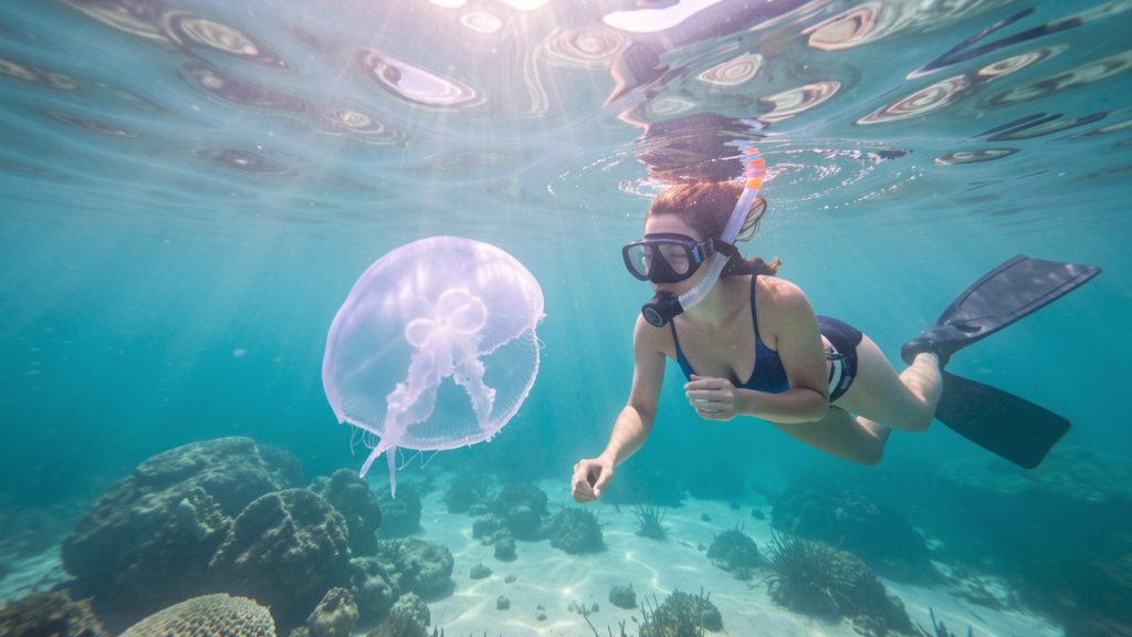 Une femme faisant de la randonnée palmée observe calmement une méduse translucide dans une eau méditerranéenne claire, à distance respectueuse.