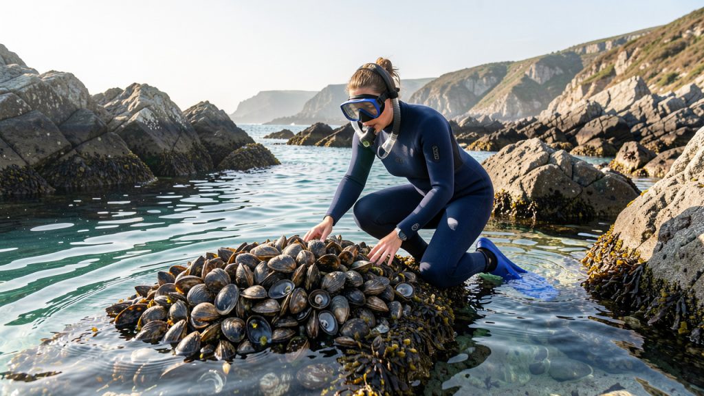 Une femme en combinaison, masque et palmes observe à distance un habitat de moules dans les eaux peu profondes du littoral français.