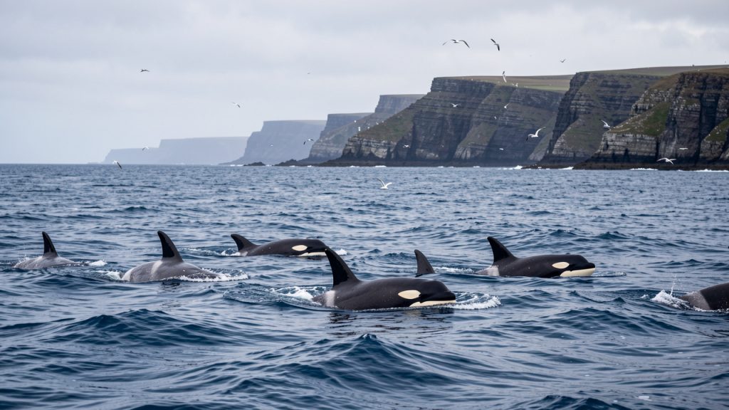 Un groupe d’orques nage et émerge à la surface de l’océan Atlantique près d’une côte rocheuse française.