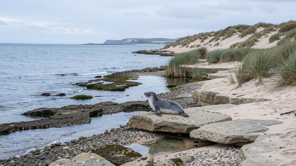 Un phoque se repose paisiblement sur un banc de sable rocheux au bord du littoral français, dans un habitat naturel préservé.