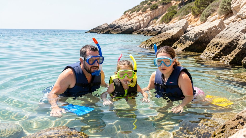 Une famille composée d’un père, d’une mère, d’une fille et d’un garçon explore en randonnée palmée une crique calme du littoral français, équipée de masques, palmes et gilets de flottaison.