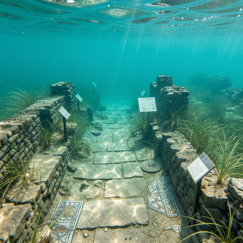 Vue sous-marine du sentier archéologique d’Olbia, avec des vestiges de murs, des pierres anciennes et des fragments de mosaïque dans les eaux claires de la Méditerranée.