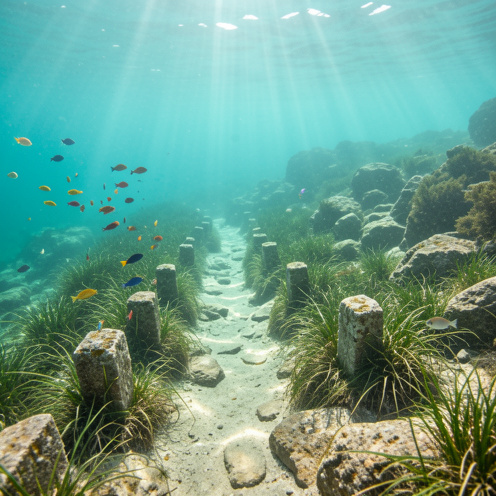 Vue sous-marine du sentier de La Palud à Port-Cros, avec des herbiers de posidonie, des rochers méditerranéens et des poissons dans une eau turquoise.