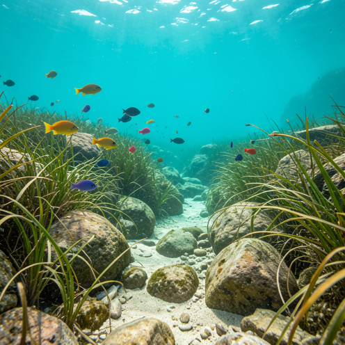 Sentier sous-marin aux eaux turquoise près de Sanary-sur-Mer, avec des herbiers, des rochers et des poissons méditerranéens.