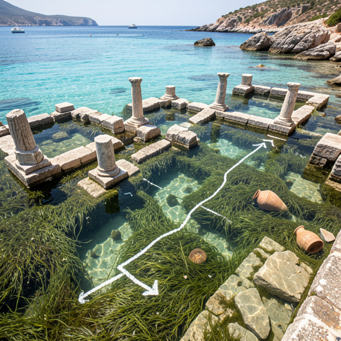 Ruines antiques submergées du site archéologique d’Olbia, visibles dans une eau turquoise claire entourée d’herbiers marins.