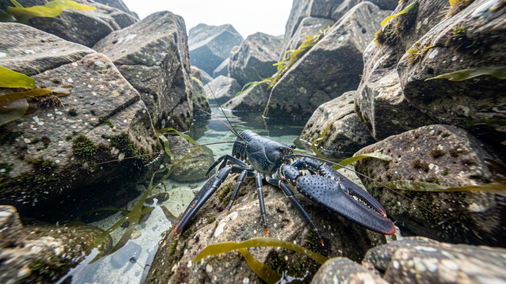 Un homard européen se tient parmi des rochers de granit et des algues dans une crique peu profonde du littoral français.