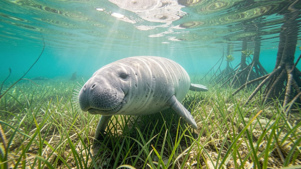 Un lamantin nage paisiblement au-dessus d’une prairie sous-marine, dans une eau turquoise éclairée par les rayons du soleil.