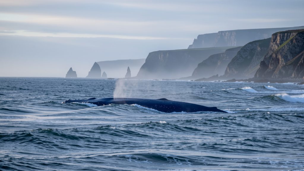 Une baleine bleue apparaît brièvement au large d’une côte rocheuse française, entre les vagues et la brume matinale.