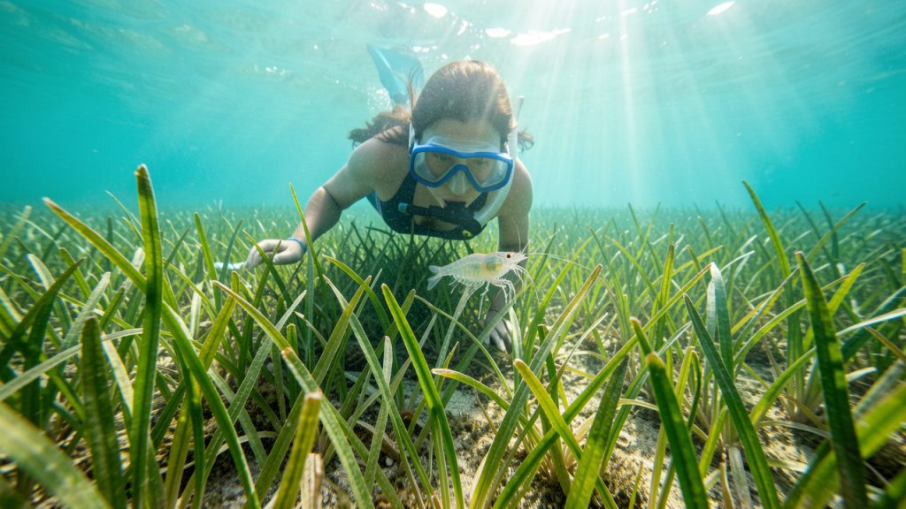 Une femme en randonnée palmée observe une petite crevette translucide au-dessus d’un herbier marin sans toucher les plantes, dans des eaux claires du littoral français.