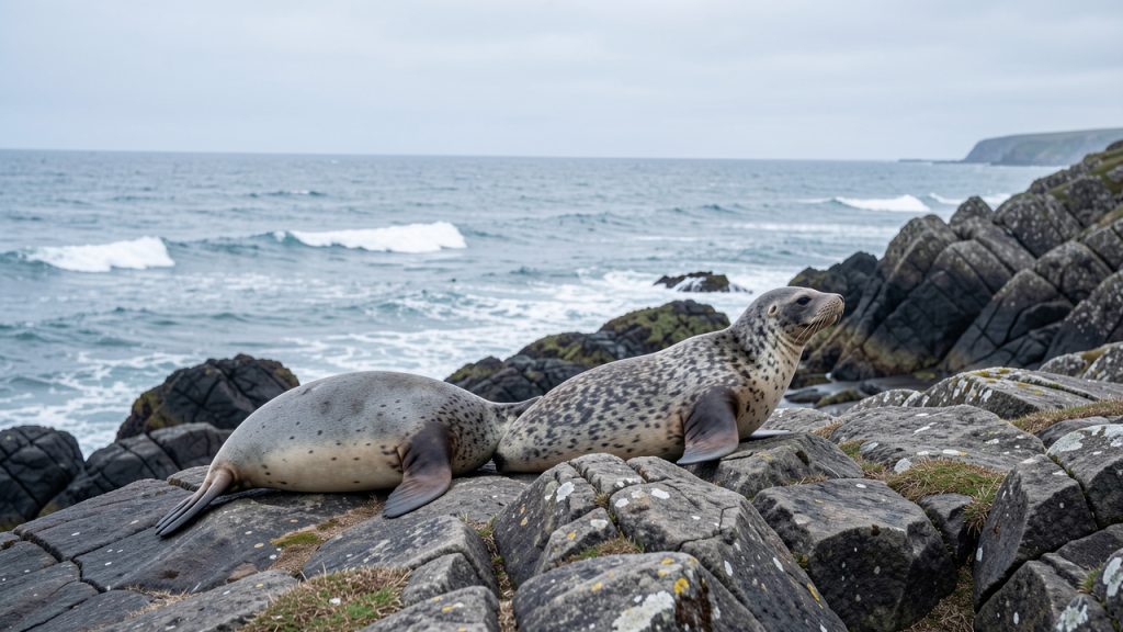 Otarie sauvage se reposant paisiblement sur des rochers au bord du littoral français, face à la mer.