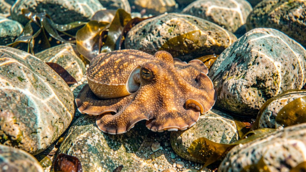 Une pieuvre commune se camoufle parmi les rochers granitiques et les algues dans les eaux peu profondes du littoral français.