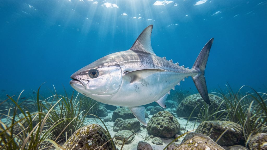 Un poisson-lune géant nage paisiblement dans une eau claire du littoral français, au-dessus d’un fond rocheux couvert d’herbiers marins.