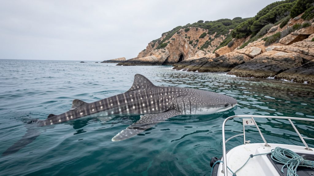 Un majestueux requin-baleine nage calmement dans des eaux côtières claires près du littoral français, observé à distance respectueuse depuis un petit bateau.