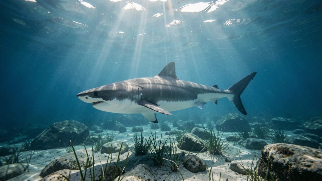 Un grand requin blanc nage calmement dans les eaux bleues et limpides de la Méditerranée, au-dessus d’un fond rocheux et de quelques herbiers marins.