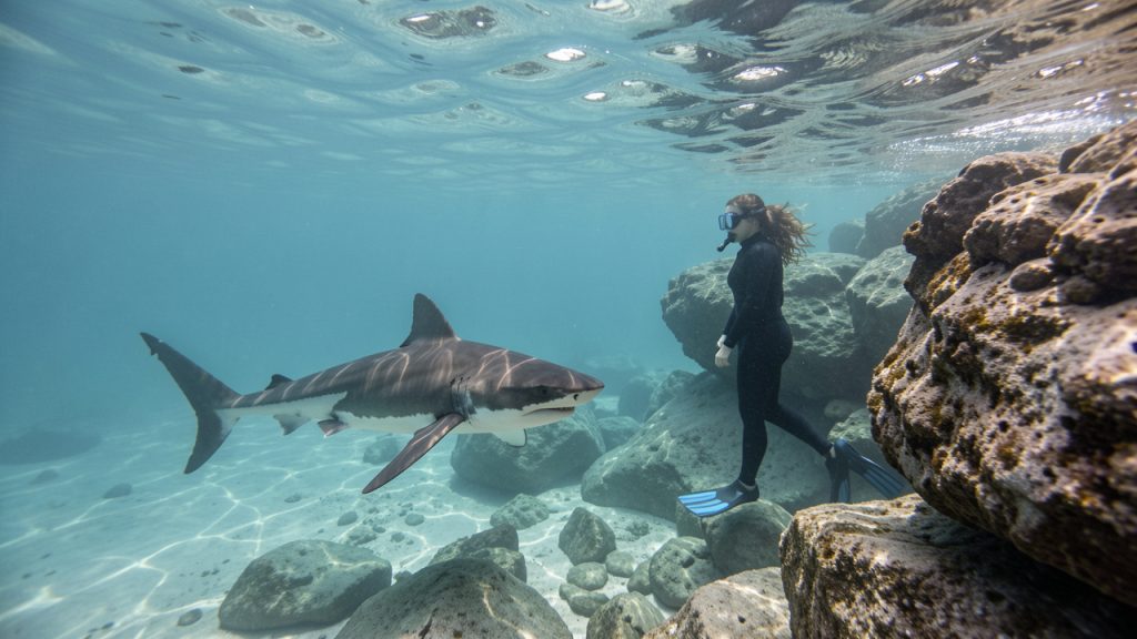 Un requin bouledogue nage calmement près d’une côte rocheuse française tandis qu’une femme en combinaison observe l’animal à distance pendant une randonnée palmée.