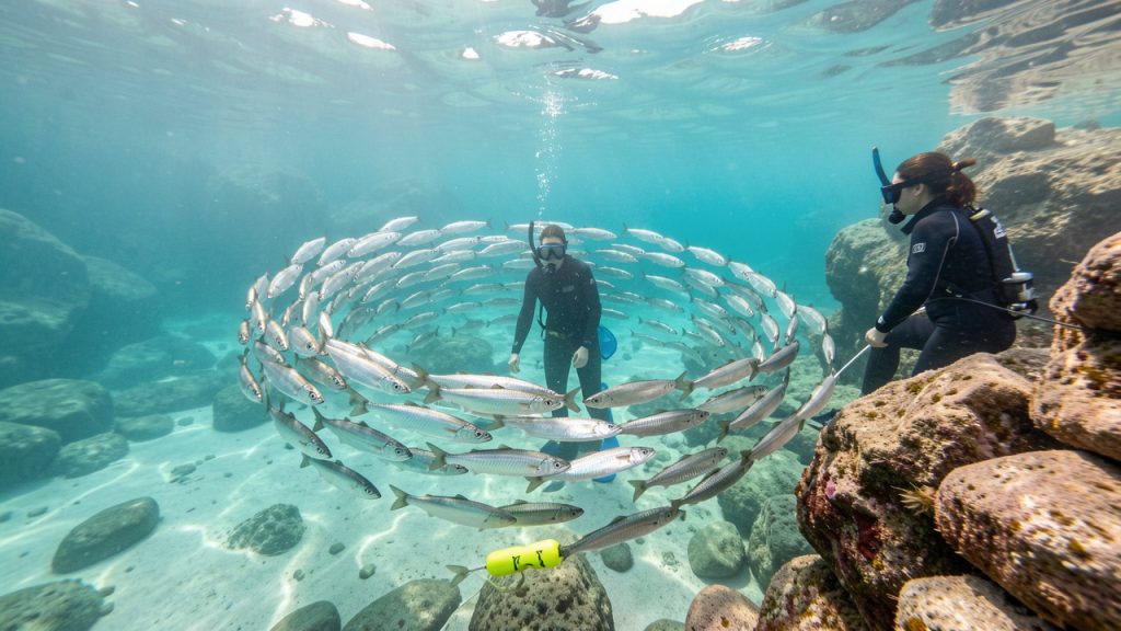Une femme en combinaison observe calmement un banc de sardines depuis la surface, près d’une côte rocheuse et accompagnée d’une bouée de sécurité.