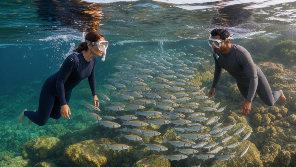 Une femme et un homme observent calmement un banc d’anchois depuis la surface, près d’un littoral rocheux français aux eaux claires.
