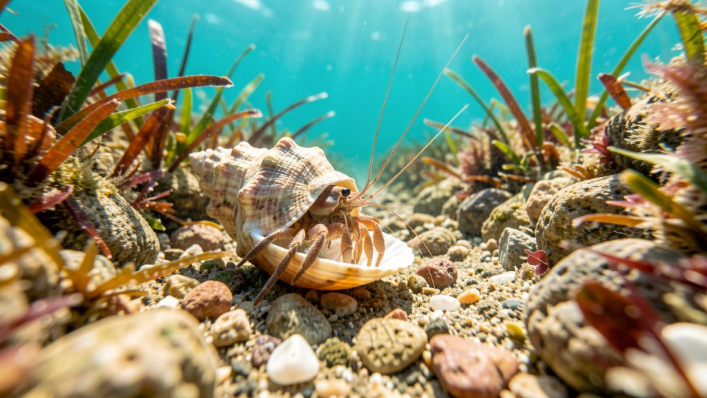 Un bernard-l’hermite change de coquille sur un sentier rocheux sous-marin aux eaux turquoise, entouré d’algues et d’herbiers marins.