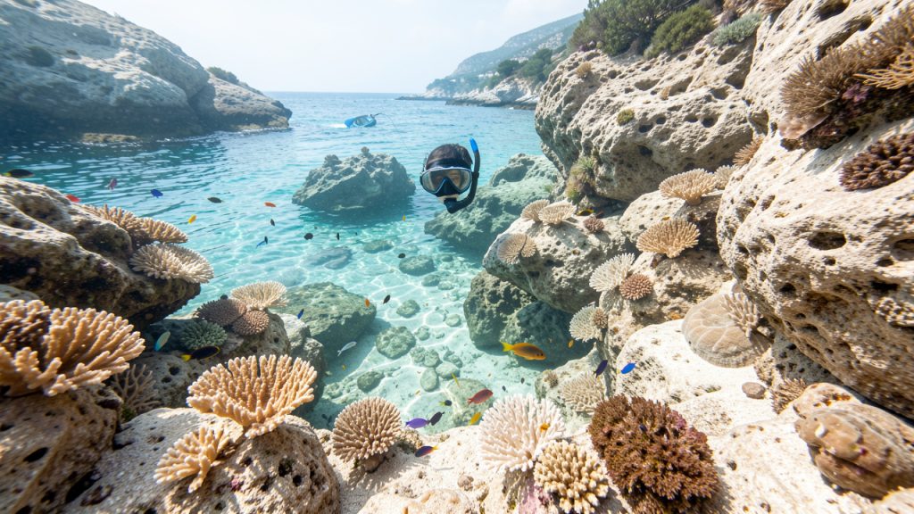 Récif corallien délicat dans une crique méditerranéenne française, observé sous une eau turquoise claire près de rochers calcaires.