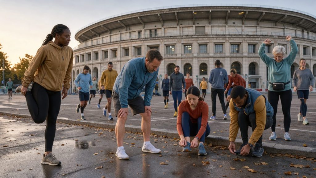 Des coureurs et des coureuses se rassemblent à l’aube devant un grand stade à Marseille, dans une ambiance de départ de course sur route et une lumière douce d’octobre.
