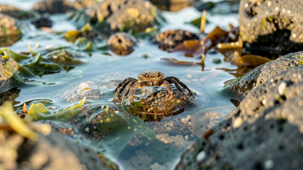 Petit crabe observant prudemment un bassin de l’estran entre des rochers couverts d’algues, dans une eau claire et peu profonde.