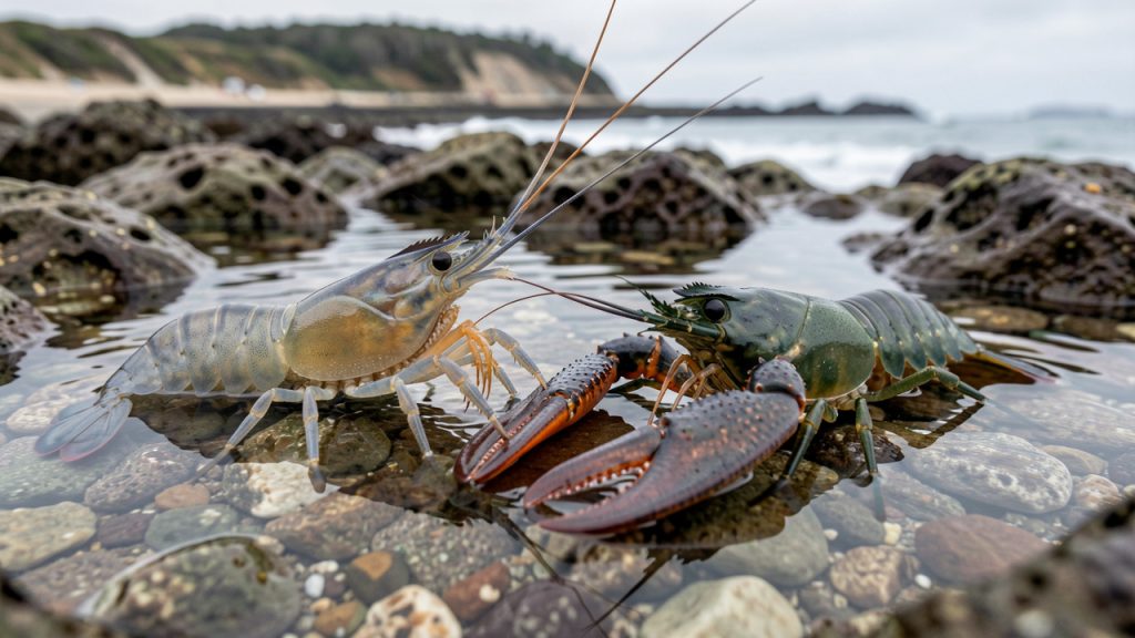 Une langoustine et une langouste côte à côte dans une mare rocheuse du littoral français, montrant leurs différences de forme, de pinces et d’antennes.