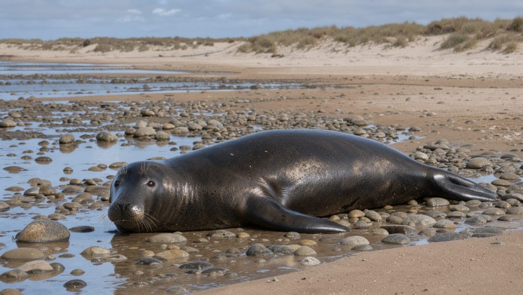 Éléphant de mer allongé sur une plage calme du littoral français, près de mares rocheuses et de dunes sous un ciel couvert.
