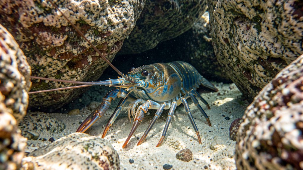 Langouste méditerranéenne observant son environnement à l’entrée d’une anfractuosité rocheuse sous l’eau.