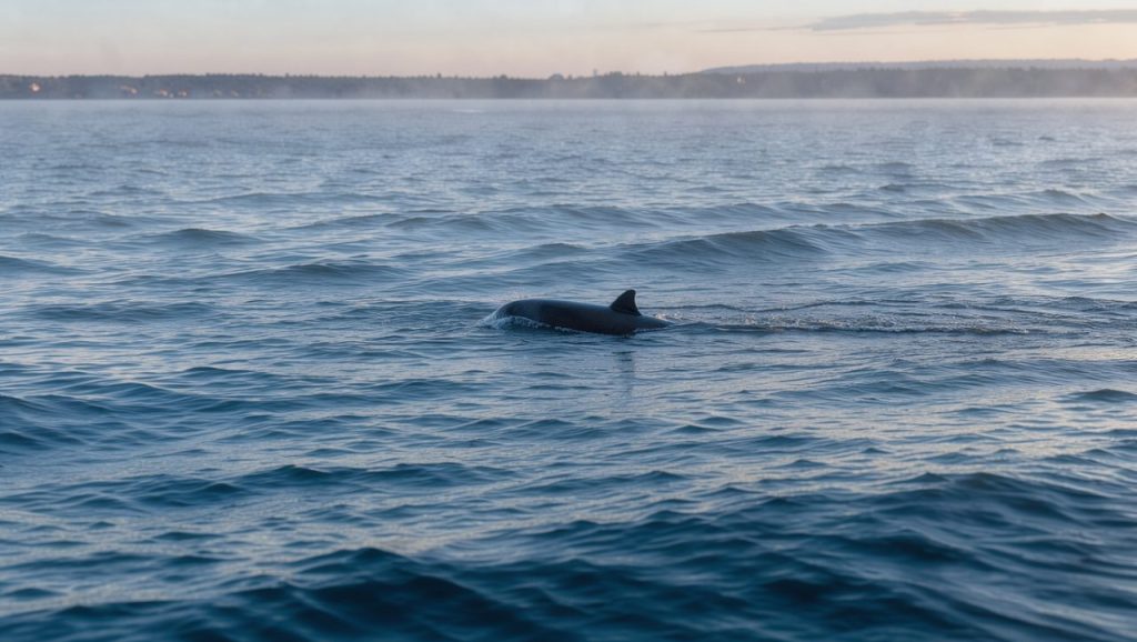 Un marsouin émerge brièvement dans les eaux calmes du littoral français, au milieu de vagues douces et de brume marine.