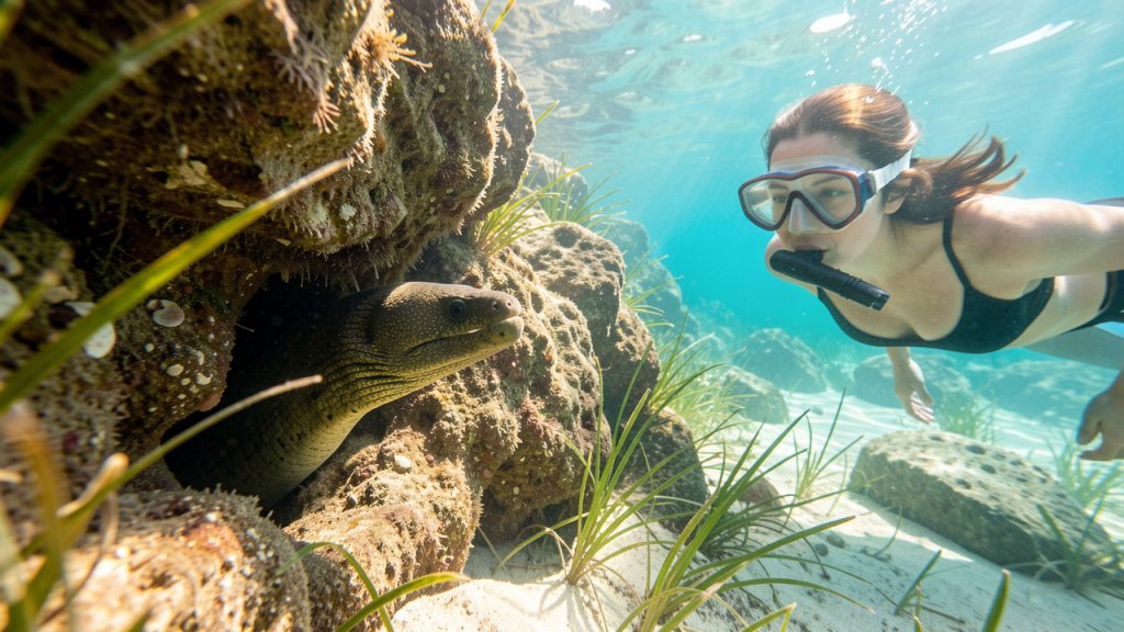 Une murène sort doucement d’une crevasse rocheuse tandis qu’une femme l’observe à distance en randonnée palmée dans une eau turquoise du littoral méditerranéen français.