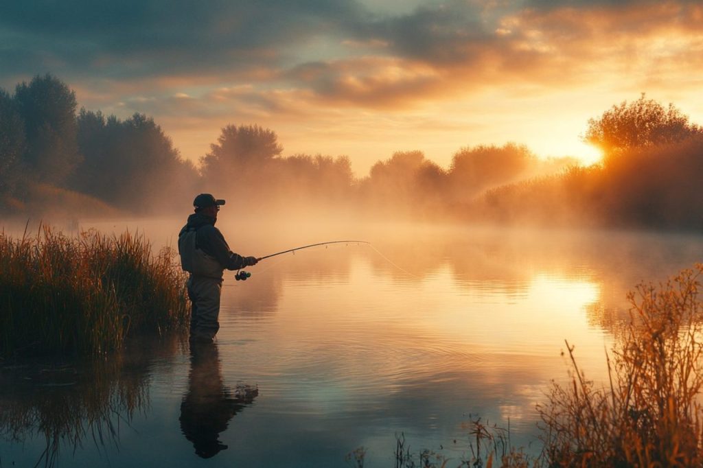 Pêcheur au carnassier lançant sa ligne depuis la berge d’un lac.