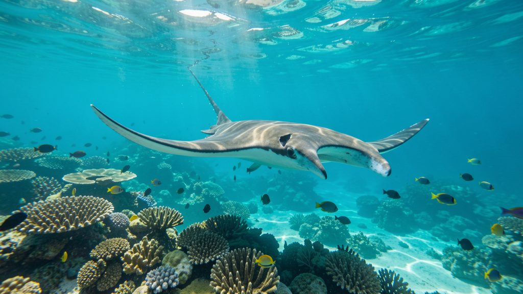 Une majestueuse raie manta nage au-dessus d’un récif corallien dans une eau tropicale claire, éclairée par les rayons du soleil.