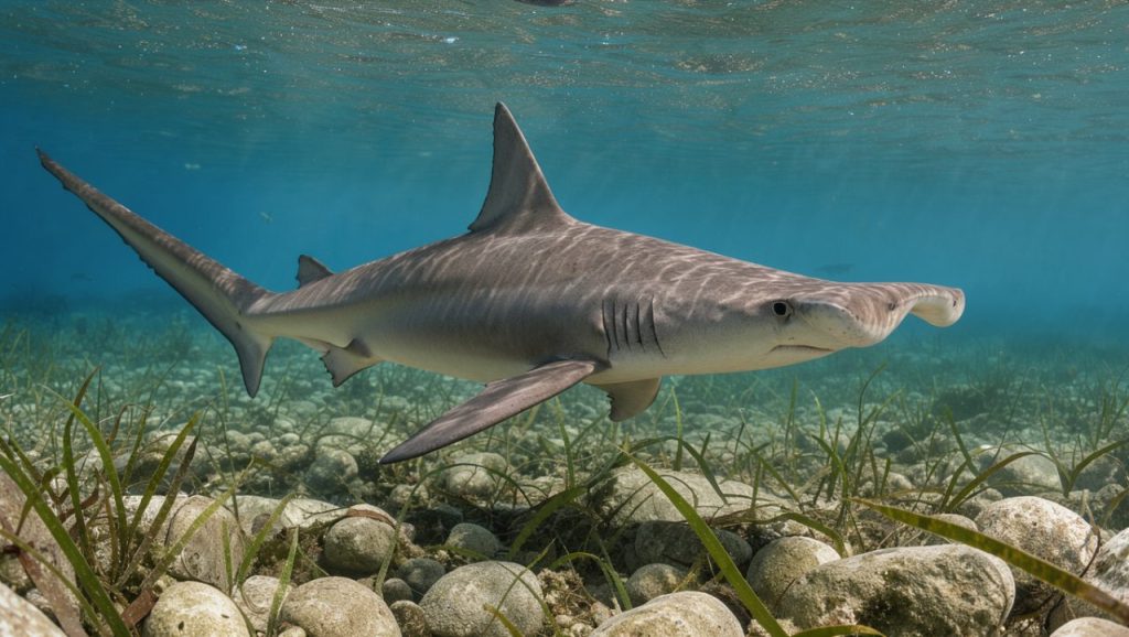 Requin marteau nageant calmement dans des eaux côtières claires près du littoral méditerranéen français, au-dessus d’un fond rocheux couvert d’herbiers.
