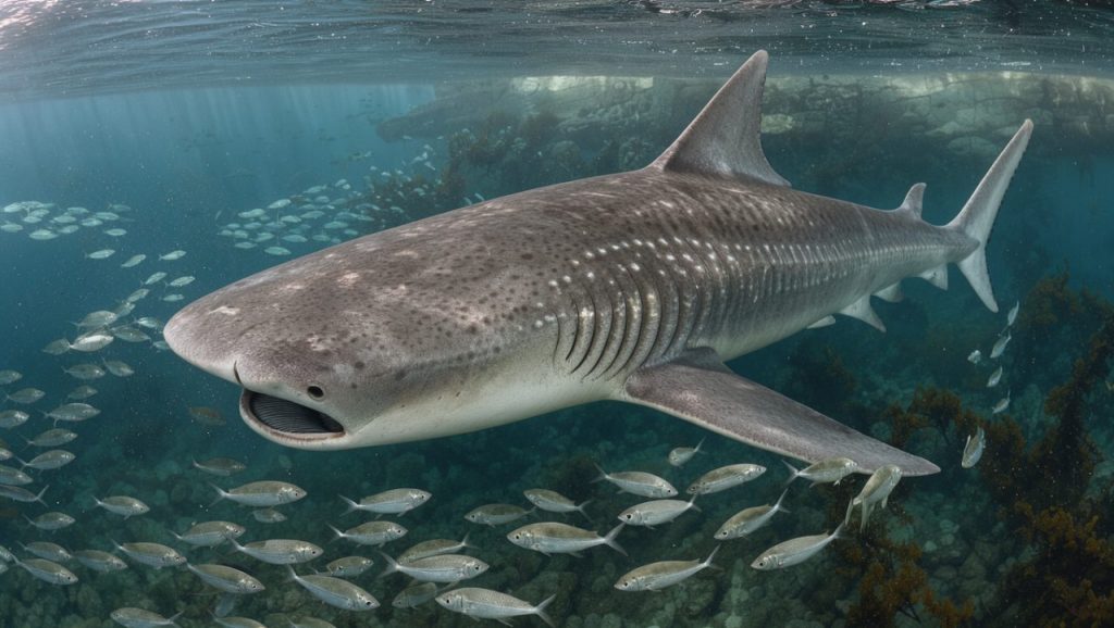 Un grand requin pèlerin nage paisiblement dans les eaux claires du littoral atlantique français, entouré d’un vaste espace bleu et de petits bancs de poissons.