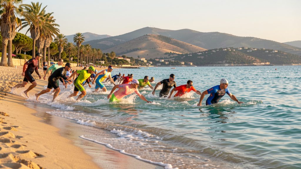 Groupe de triathlètes amateurs, hommes et femmes, se lançant dans une mer calme depuis une plage du Var, avec des palmiers et des collines méditerranéennes en arrière-plan.